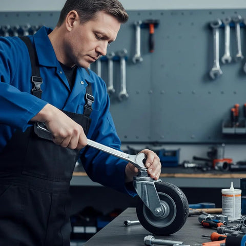 Technician using 1/2-13 Nuts and Bolts Assortment with 3/4 Inch Head Locking Nylon Nut for caster wheel installation in workshop