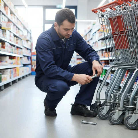 Technician fixing trolley wheel with 1/2-13 nuts and bolts assortment, using 3/4 inch head locking nylon nut and 1/2 inch caster axle bolt