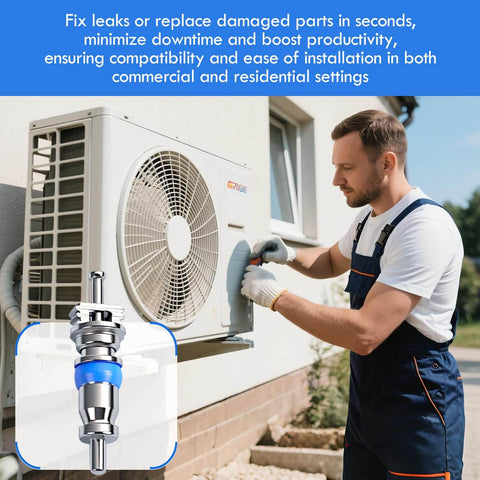 Technician using Valve Core Replacement Kit For HVAC And Auto Use Universal Schrader Valve Core Set For R32 R22 And R410A on AC unit