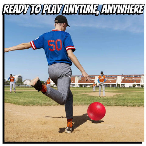 Person playing kickball with 10 Inch Kickball Playground Balls - (Pack of 6) Inflatable Rubber Indoor Outdoor Bouncy Balls for Adults & Kids