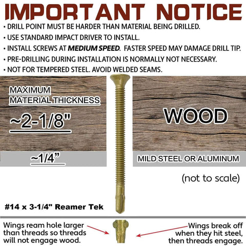 Self Drilling Tek Screws 14 X 3 1/4 Reamer Torx T30 Star Drive for wood to metal installation instructions and dimensions.