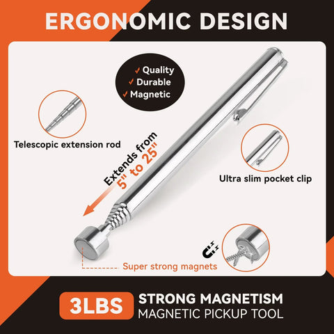 Close-up of telescopic extension rod from Four piece telescoping magnetic pickup tool set showing ergonomic design and super strong magnets.