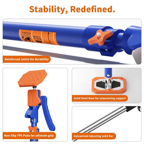 ✝️ 2PK Adjustable Telescopic Support Pole showing reinforced joints, non-slip TPE pads, solid steel base, and galvanized adjusting bar.