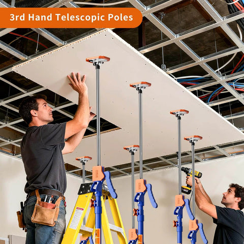 Men using ✝️ 2PK Adjustable Telescopic Support Pole, 54-115 inch Cabinet Jack, Heavy Duty 3rd Hand Support System for drywall installation.