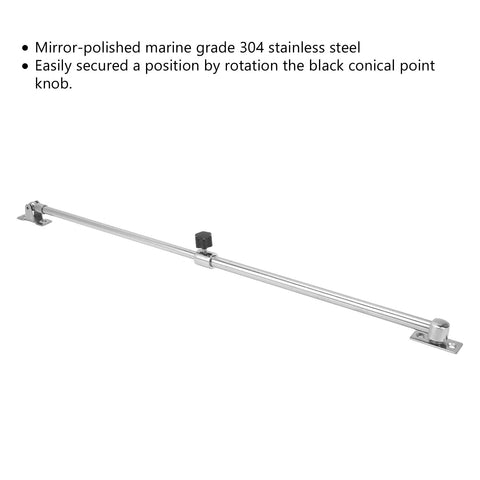 Side view of 299–534mm stainless steel hatch adjuster bar with end mounting brackets and a black locking knob.