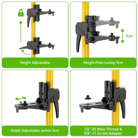 12 Foot Telescoping Laser Level Pole With Tripod showing adjustable height, depth features, and threaded adapter