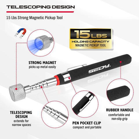 Six piece telescoping magnetic pickup tools set offers extendable reach and versatile magnet grab for DIY repairs with pen tool.