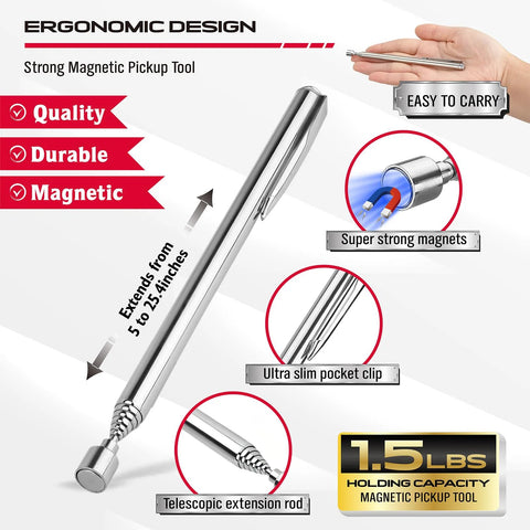 4 Piece Telescoping Magnetic Pickup Tool Set For Garages And Workshops Featuring A 31 Inch Telescoping Magnet Stick With 15 Lb Lift A 25 Inch Pen Style Magnetic Pickup Tool With Pocket Clip A 20 Inch Bendable Spring Magnet Stick And A Magnetic Parts Tray