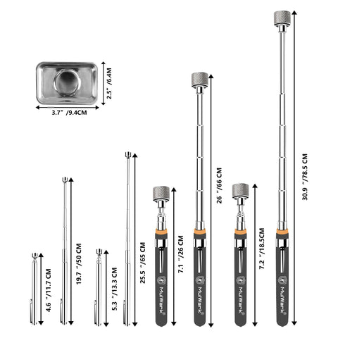Five Piece Telescoping Magnetic Pickup Set with Rustproof Tray Delivers Strong Neodymium Pull From 4.6 To 30.9 Inches