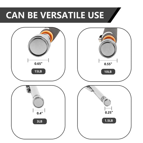 Four magnetic pickup head sizes for Five Piece Telescoping Magnetic Pickup Set with Rustproof Tray Delivers Strong Neodymium Pull.