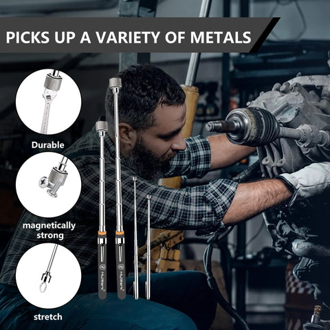 Mechanic using Five Piece Telescoping Magnetic Pickup Set with Rustproof Tray delivers strong neodymium pull from 4.6 to 30.9 inches.