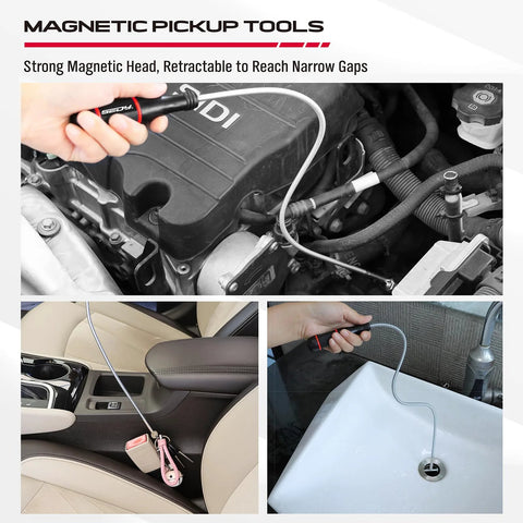 Stay organized and save time with this four-pack telescoping magnetic pickup tool set featuring a 20 inch reach, 1.5 lb lift, and three magnetic trays (3, 4, and 6 inches) to grab metal parts, screws, nails, and debris in garage, workshop