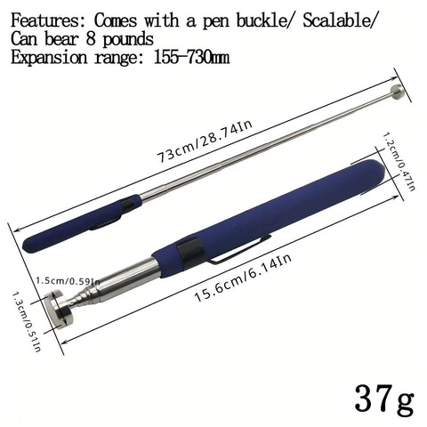 Telescoping Magnetic Pickup Tool 2 Pack With 8Lb And 2Lb Magnets shown extended with measurements and features labeled
