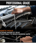 Effortlessly retrieve metal parts from tight spots with 4 piece telescoping magnetic pickup tool set, shown in engine bay.