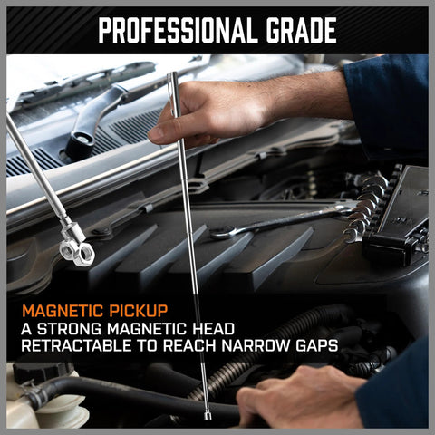 Effortlessly retrieve metal parts from tight spots with 4 piece telescoping magnetic pickup tool set, shown in engine bay.