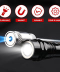 Close-up of telescoping magnetic pickup tool set with LED flashlight highlighting flashlight, magnet, and durability features.