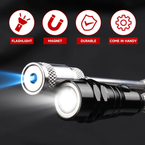 Close-up of telescoping magnetic pickup tool set with LED flashlight highlighting flashlight, magnet, and durability features.