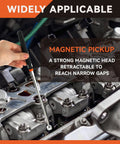 Four piece telescoping magnetic pickup tool set includes a 10 lb extender, shown retrieving metal parts from engine area.
