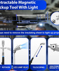 Retractable telescoping magnetic pickup tool with light, featuring LED lamp head and 360-degree rotation.