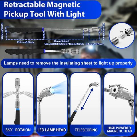 Retractable telescoping magnetic pickup tool with light, featuring LED lamp head and 360-degree rotation.