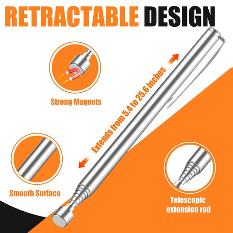 4-Piece Telescoping Magnetic Pickup Tool Set with retractable design, 40lb pull, 30in reach, stainless steel, non-slip grip.