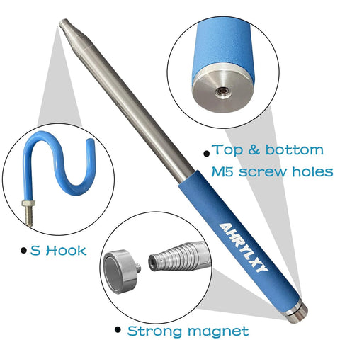 Extends from 13.75 in to 120 in for effortless reach, this telescoping magnetic pickup tool with S hook is shown in detail close-up.