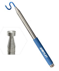 Telescoping magnetic pickup tool with blue handle and S hook, extends from 13.75 in to 120 in for effortless reach, shown with magnet close-up.