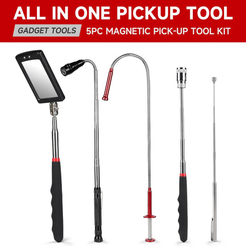 Effortlessly retrieve metal parts from tight spaces with this 5 piece telescoping magnetic pickup tool set visible in the image.