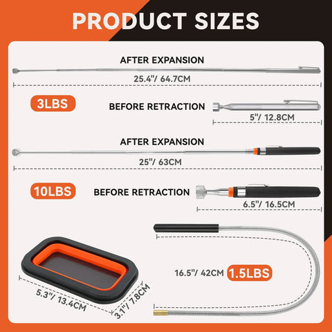 Four piece telescoping magnetic pickup tool set includes a 10 lb extender, a 1.5 lb tool, a 20 inch flexible sweeper and a 3x3 inch magnetic parts tray.