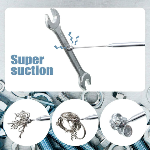 4 Piece Telescoping Magnetic Pick Up Tools Set With Pocket Clip, lifting wrench, paperclips, and nuts with super suction display