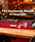 Effortless floor cleanup with a 17 inch heavy-duty magnet sweeper box on a workbench in holiday-themed garage.