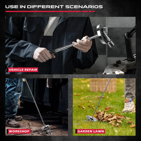 Telescoping Magnetic Sweeper Pickup Tool With Retractable Reach From 8.6 Inches To 33 Inches And 35 Pound Pull Strength used in vehicle repair, workshop, garden lawn scenarios.