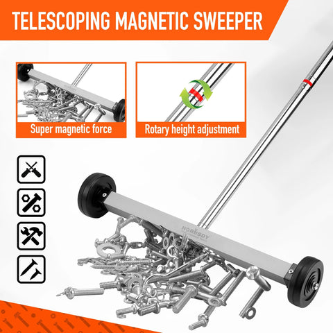 Seventeen Inch Rolling Magnetic Sweeper With Wheels And A Single Unit Adjustable Handle Eight Point Eight Pound Capacity