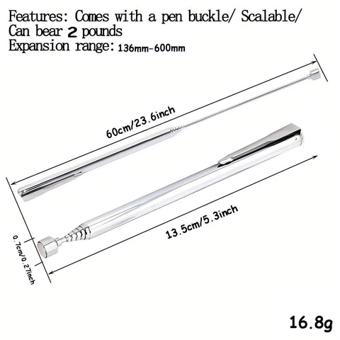 Telescoping Magnetic Pickup Tool 2 Pack With 8Lb And 2Lb Magnets For Mechanics And Car Tools Extendable Grabber Reaching Tight Spots In Hard To Reach Areas Ideal For Retrieval Of Small Metal Parts In Garages Workshops And Vehicles showing dimensions and features
