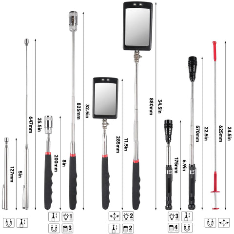 Effortlessly retrieve metal parts from tight spaces with this 5 piece telescoping magnetic pickup tool set, including strong magnets, a 360° inspection mirror, flexible LED flashlight, and four claw grabber for fast, safe access in engines and workshops.