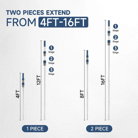 Illustration of adjustable 16 Foot Telescoping Pool Pole With 2 Pieces Aluminum Adjustable Skimmer Pole, extending from 4ft to 16ft.