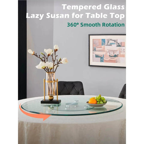 18.9 inch tempered glass lazy susan rotating serving tray on table with flower vase and food, showcasing smooth rotation.