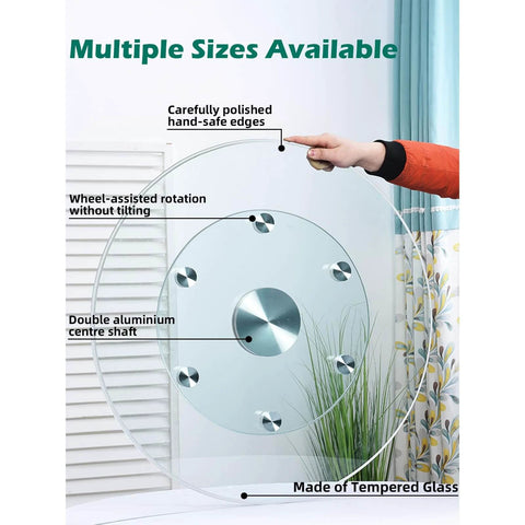 22.8 inch tempered glass lazy susan rotating serving tray, showcasing hand-polished edges and wheel-assisted rotation.