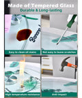 Features of the 22.8 inch tempered glass lazy susan rotating serving tray, showcasing durability and easy maintenance.