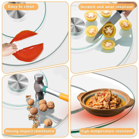 Features of 31 inch tempered glass lazy susan turntable: easy to clean, scratch resistant, strong impact resistance, and high temperature resistant.