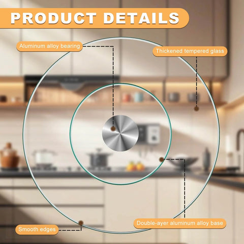 Product details of 31 inch tempered glass lazy susan turntable with extra large size, silent rotating serving tray.