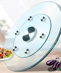 26.7 inch tempered glass lazy susan rotating serving tray with a sleek design, ideal for dining and parties.