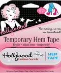 Temporary Hem Tape packaging with 18 strips for easy, clear hold hemming on jeans and dresses, safe on sensitive skin, removable.