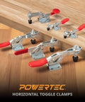 Ten Pack Heavy Duty Hold Down Toggle Clamps With 500 Pound Capacity For Woodworking Jigs And Fixtures Powertec 225D on wooden surface