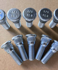 Ten-pack rear wheel studs with 1/2-20 threads, 0.668 inch knurl, and 1.75 inch length, viewed from top and side angles