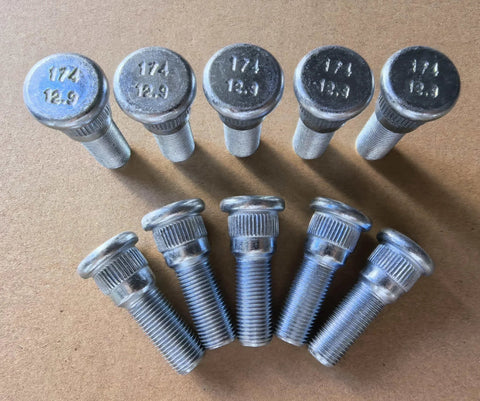 Ten-pack rear wheel studs with 1/2-20 threads, 0.668 inch knurl, and 1.75 inch length, viewed from top and side angles