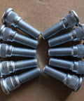 Ten-pack rear wheel studs with 1/2-20 threads, 0.668 inch knurl, and 1.75 inch length for Dodge and Jeep, arranged on display.