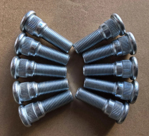 Ten-pack rear wheel studs with 1/2-20 threads, 0.668 inch knurl, and 1.75 inch length for Dodge and Jeep, arranged on display.