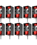 Ten black and red Ceiling Vibration Damping Mounts with spring isolator hangers for HVAC, home theaters, studios, and hotels.