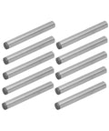 Ten hardened steel dowel pins arranged on white background, 1/4 inch diameter, ideal for alignment in furnishings and DIY projects.